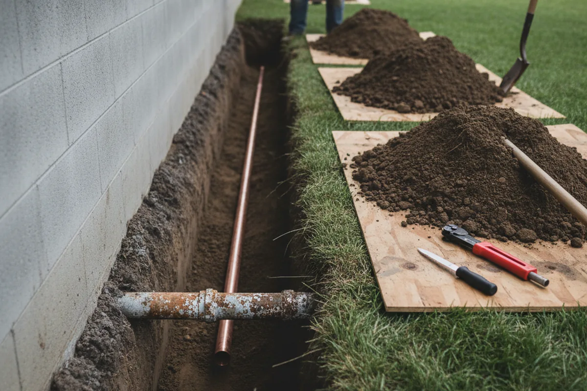 Excavated water line trench during Water Softener Installation in Morven